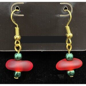 Handmade Red Sea Glass & Green Faux Pearl Earrings by Neanie-Bot